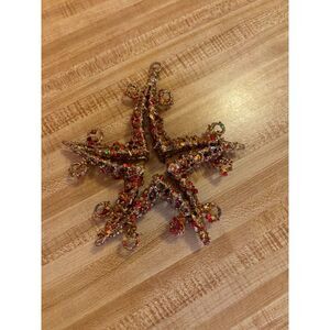 7" Gold Tinsel, Beads and Sequin Star on Gold Metal Base